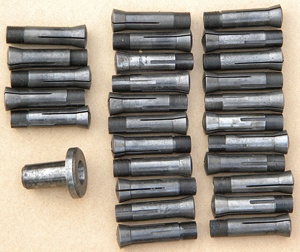 27 used collets and the spindle adaptor for Boxford lathe Norton Nut's 27 used collets and the spindle adaptor for Boxford lathe