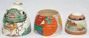 Three Clarice Cliff Beehive Honey Pots Norton Nut's Three Clarice Cliff Beehive Honey Pots