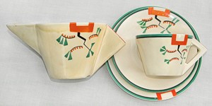 Clarice Cliff Ravel Pattern Conical Trio and Teapot Norton Nut's Clarice Cliff Ravel Pattern Conical Trio and Teapot