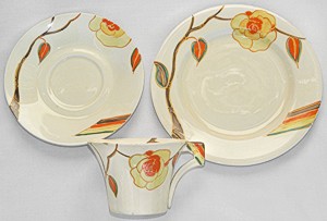Clarice Cliff Daffodil Shape Trio, Yellow Rose Pattern Norton Nut's Clarice Cliff Daffodil Shape Trio, Yellow Rose Pattern