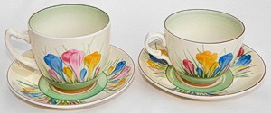 Clarice Cliff Spring Crocus Pattern - 2 Cups And Saucers Norton Nut's Clarice Cliff Spring Crocus Pattern - 2 Cups And Saucers