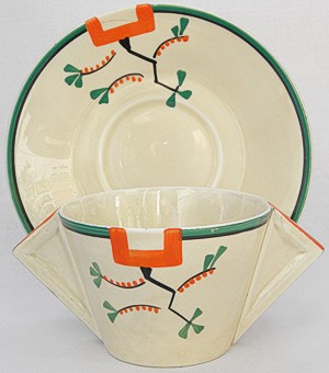 Clarice Cliff Ravel Pattern Conical Soup Cup and Saucer Norton Nut's Clarice Cliff Ravel Pattern Conical Soup Cup and Saucer