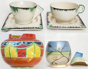Clarice Cliff Job Lot, Kelverne Jam Pot, Early Geometric Vase, Biarritz Cups Norton Nut's Clarice Cliff Job Lot, Kelverne Jam Pot, Early Geometric Vase, Biarritz Cups