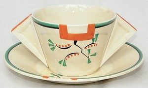 Clarice Cliff Ravel Pattern Conical Soup Cup and Saucer Norton Nut's Clarice Cliff Ravel Pattern Conical Soup Cup and Saucer